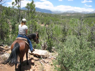 Leslie Haven on her horse, MayDay.  Horse trail starts at cabin.